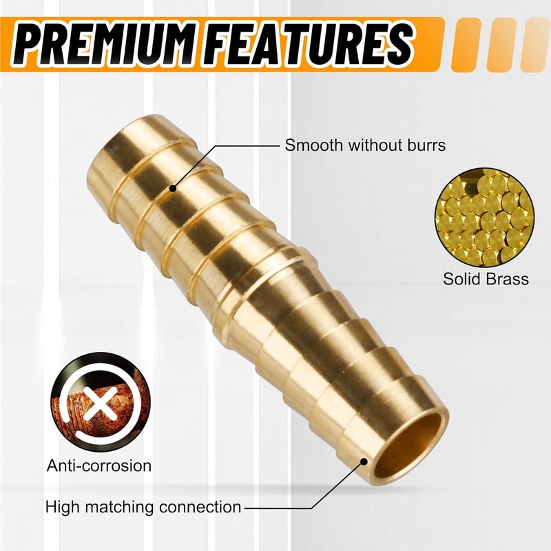 Ailbiuko 26PCS Brass Hose Barb Fitting,Barb Splicer Mender Hose Fittings 3/16" 1/4" 5/16" 3/8" 1/2" 5/8" with 52Pcs Stainless Steel Pipe Hose Clamps for Air/Fuel/Water/Oil Hose - Image 3